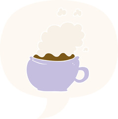 cartoon hot cup of coffee and speech bubble in retro style