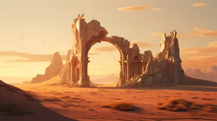 Foto auf Acrylglas Backstein Desert landscape with ancient lost city ruins and huge door background