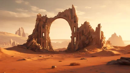 Deurstickers Desert landscape with ancient lost city ruins and huge door background © Derby