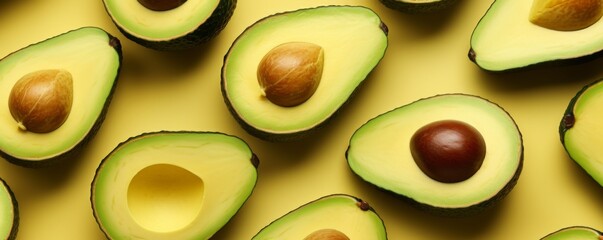 Many fresh ripe avocados on pastel background,top view  food banner. Generative Ai.