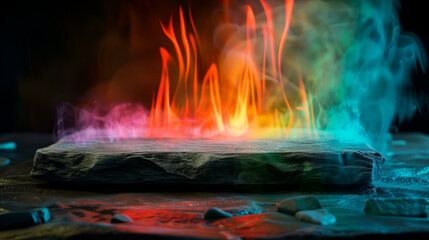 Colorful rainbow flames, fire and smoke, black background