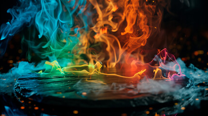 Colorful rainbow flames, fire and smoke, black background