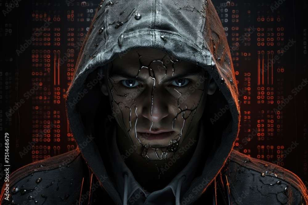 Poster portrait of hacker in a hood on a dark