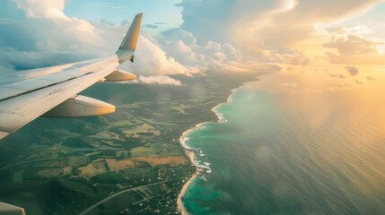 Fototapeta premium Airplane wing view over tropical beach, turquoise water