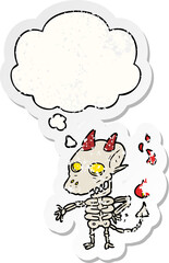 cartoon spooky demon and thought bubble as a distressed worn sticker