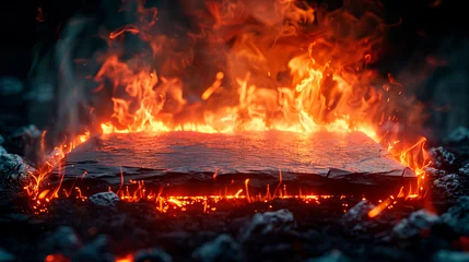 Fototapeten Stone or slate platform with fire and smoke © ARTwithPIXELS