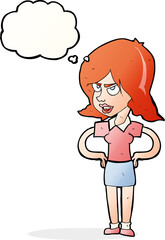 cartoon annoyed woman with hands on hips with thought bubble