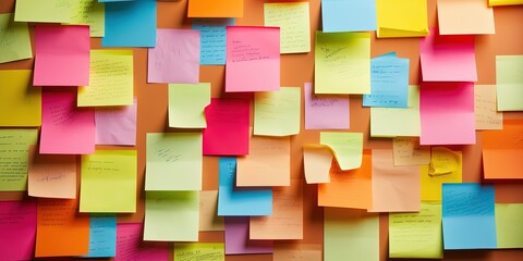 Many colorful, sticky notes, or adhesive notes on a wall or bulletin board. - obrazy, fototapety, plakaty