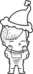 line drawing of a girl wearing futuristic clothes wearing santa hat