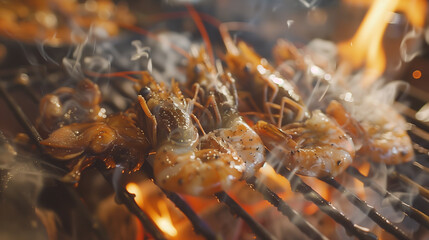 close up of a barbecue with shrimps sea food