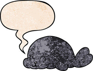 cute cartoon seal and speech bubble in retro texture style