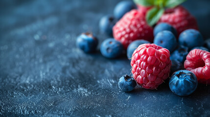 blueberries and raspberries on dark background 