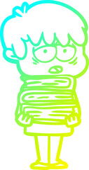 cold gradient line drawing cartoon exhausted boy holding book
