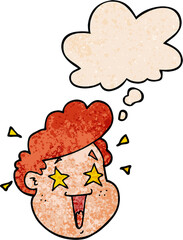 cartoon happy face and thought bubble in grunge texture pattern style