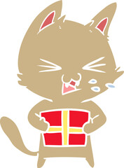 flat color style cartoon hissing cat with christmas present