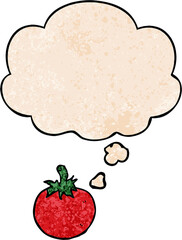 cartoon tomato and thought bubble in grunge texture pattern style