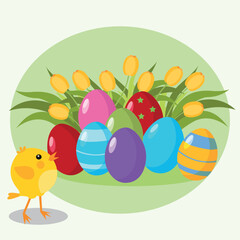 Happy holidays! Happy Easter! Vector image with spring flowers, tulips and colorful Easter eggs.