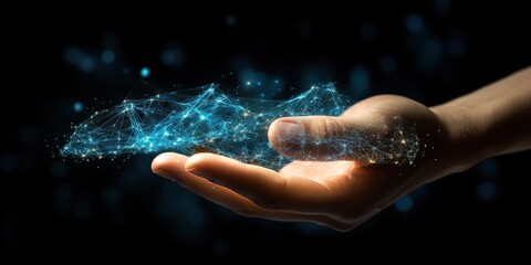 Hand touching a spinning vortex of data and light particles, data flow and processing visualisation backgrounds