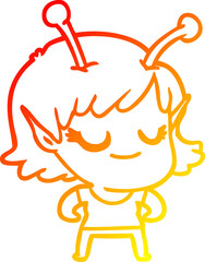 warm gradient line drawing smiling alien girl cartoon