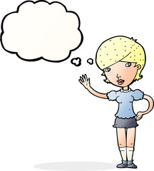 cartoon girl waving with thought bubble