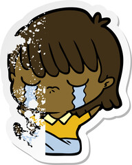 distressed sticker of a cartoon woman crying
