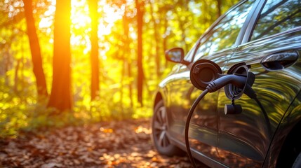 Close-up, Electric car is parked at a charging station with the power cable supply plugged
