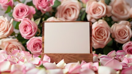 wooden menu holder, a blank page, menu mockup, many rose flowers in the background, cute, kawaii, valentines day background​