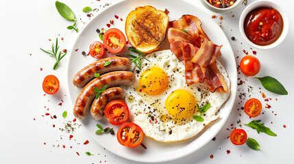 full English breakfast, sunny side up eggs, crispy bacon,