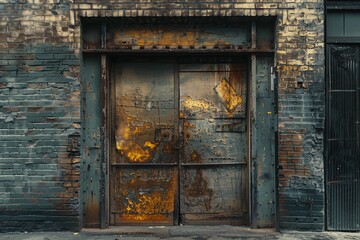 a rusty metal door in a brick building