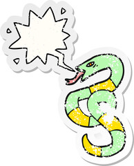 hissing cartoon snake and speech bubble distressed sticker