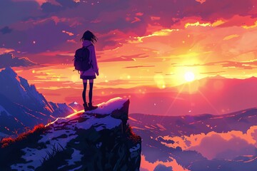 a woman standing on a mountain looking at the sunset