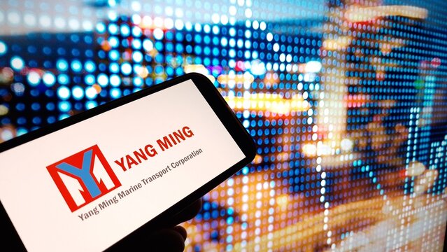 Konskie, Poland - March 03, 2024: Yang Ming company logo displayed on mobile phone