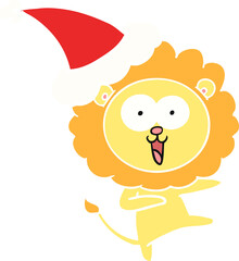 happy flat color illustration of a lion wearing santa hat