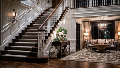 Staircase leading to the second floor of a luxury home with hardwood floors and white walls - obrazy, fototapety, plakaty