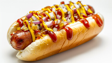 Juicy Hot dog with toppings isolated on white background