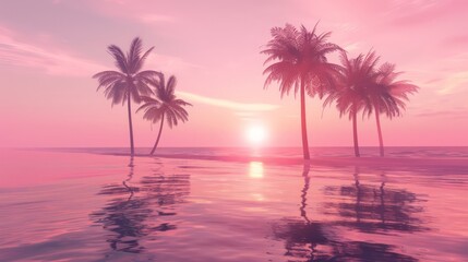 Fototapeta na wymiar coconut palms at pink tropical sunset over calm sea