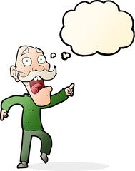 cartoon frightened old man with thought bubble