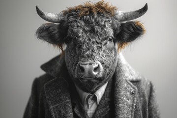 This hyper-realistic portrait features an African buffalo dressed in a sleek suit, seamlessly blending anthropomorphic charm with the majestic essence of the animal.