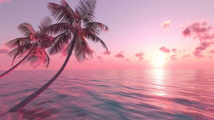 Fototapeta na wymiar coconut palms at pink tropical sunset over calm sea