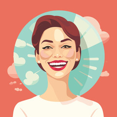 Fictitious young woman smiling showing her white beautiful teeth. Dental health, dentist concept, vector illustration