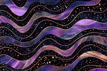 Cosmic Waves Artwork with Glittering Gold and Purple Hues on Dark Background