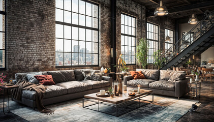 Fototapeta na wymiar Modern loft living room interior design with brown sofa, coffee table and city view. 3D Rendering