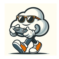 Vintage cartoon cloud gaming mascot, wearing sunglasses. Holding a gamepad 
