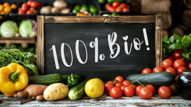Regionaler Bioladen / Bauernmarkt, Supermarkt, einkaufen, vegetarisch, vegan Essen Hintergrund - Kreidetafel Tafel mit dem Text " 100% Bio " und frisches gesundes Gem&uuml;se auf Tisch