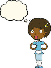 cartoon woman in french maid outfit with thought bubble