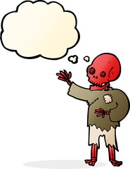 cartoon skeleton waving with thought bubble