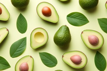 Many fresh ripe avocados on pastel background,top view  food concept Generative Ai.