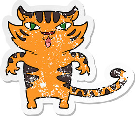 distressed sticker of a happy cartoon tiger