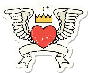 grunge sticker with banner of a heart with wings