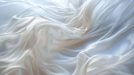 Gentle Swirls of White Silk Fabric in Close-up, with a Soft Blue Hue Accentuating its Delicate Folds